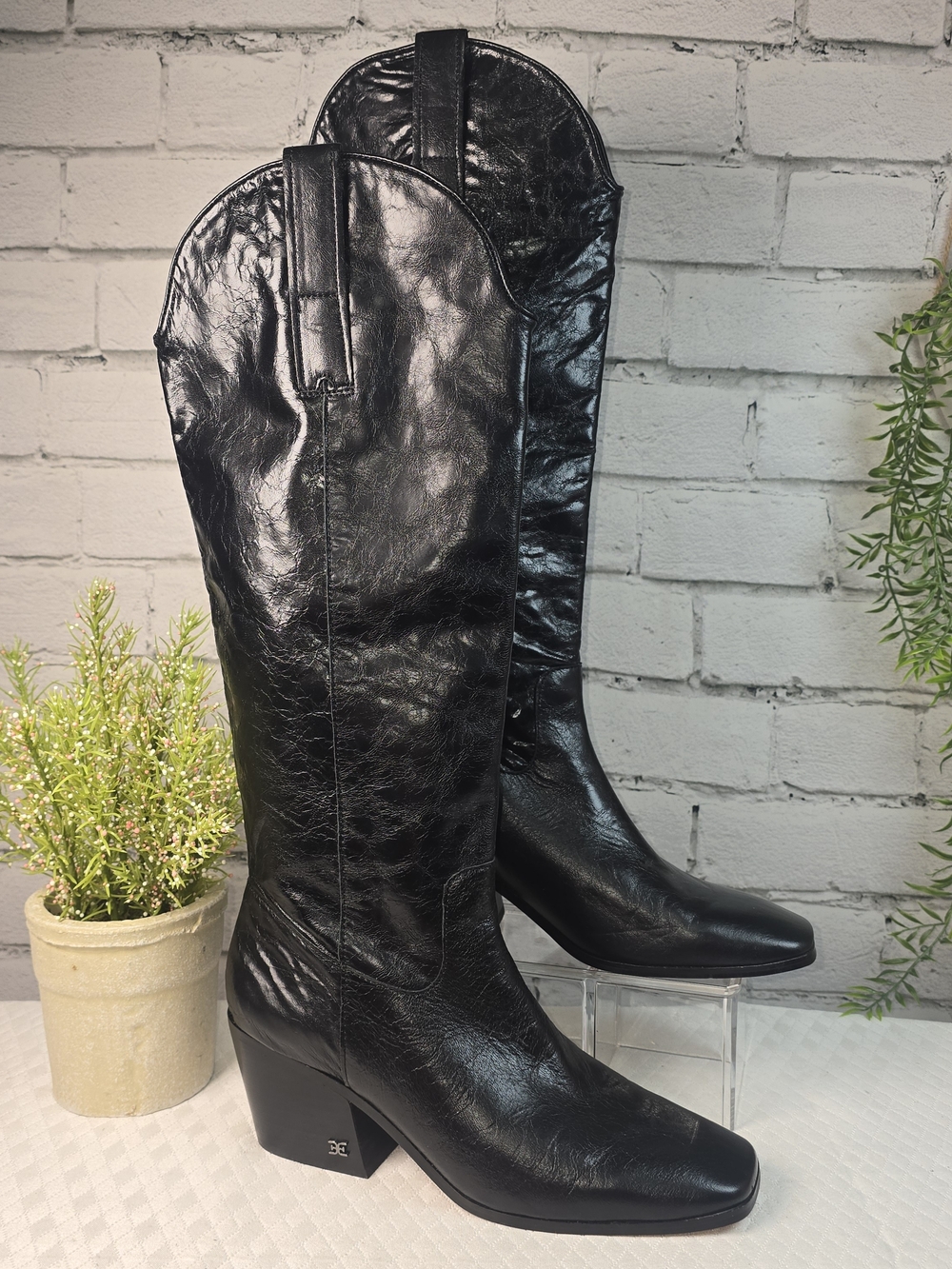 SAM EDELMAN BRITTEN WESTERN BOOTS BLACK CRINKLED LEATHER STACKED HEEL WOMENS 8.5